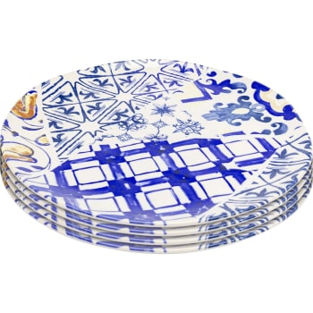 Fresco - Assiette plate en céramique bleue et blanche D26 - Lot de 4