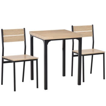 Table avec 2 chaises style industriel acier noir aspect chêne clair
