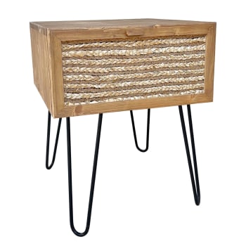 Loft - Mesita de noche de madera tono roble con cajón de yute y patas metal