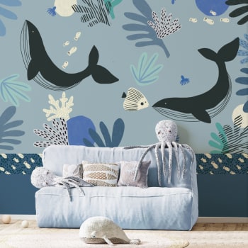 Papier peint panoramique enfant baleines 525 x 250 cm bleu