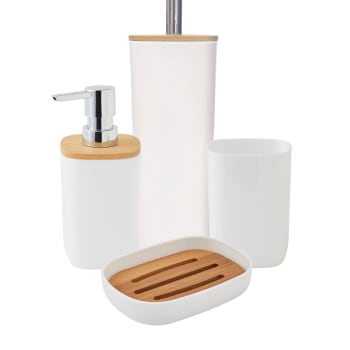 Ensemble Salle De Bain 6 Pièces FEILANDUO Plastique Et Bambou Blanc Mat - Distributeurs Savon, Porte-Brosse, Plateau Et Supports
