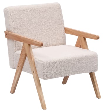 Poltrona scandinava in legno e tessuto bouclè bianco Bjorn