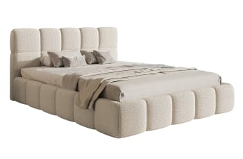 CLOUDY - Bett mit Polsterrahmen, Boucle-Bezug in Hellbeige, 140 cm