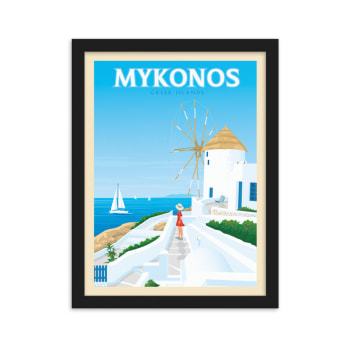 Affiche Mykonos Grèce + Cadre Bois noir 21x29,7 cm