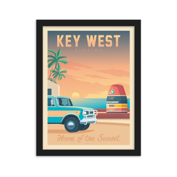 Affiche Key West Southernmost point + Cadre Bois noir 21x29,7 cm