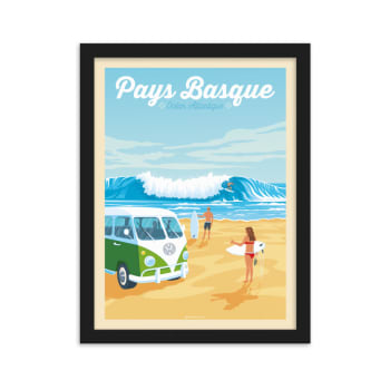 Affiche Pays Basque France - Surf + Cadre Bois noir 21x29,7 cm