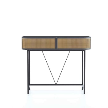 DAPHNE - Table console noire avec tiroirs rotin tressé