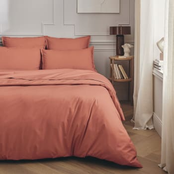 PREMIERE - Parure de lit en percale de coton rose corail 200x200