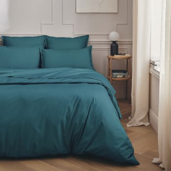 PREMIERE - Parure de lit en percale de coton bleu emeraude 140x200