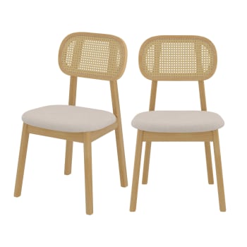 Maria - Chaise en bois clair, tissu beige et rotin synthétique (lot de 2)