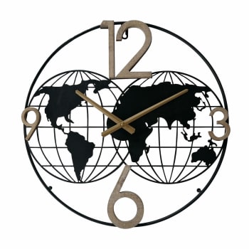 Orologio moderno in metallo intaglio mappamondo nero e beige Ø 50 cm