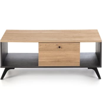 Zack - Table basse 1 tiroir effet bois noir et bois naturel 100 cm