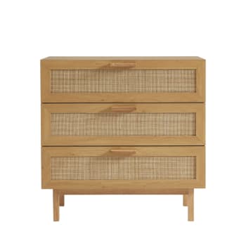 June - Commode 3 tiroirs en bois et cannage L85cm - Bois clair