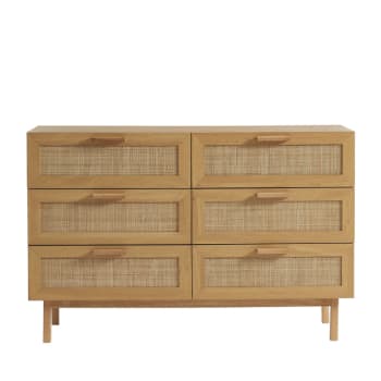 June - Commode 6 tiroirs en bois et cannage L130cm - Bois clair