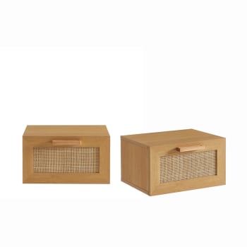 June - Lot de 2 tables de chevet murales avec rangement cannage - Bois clair