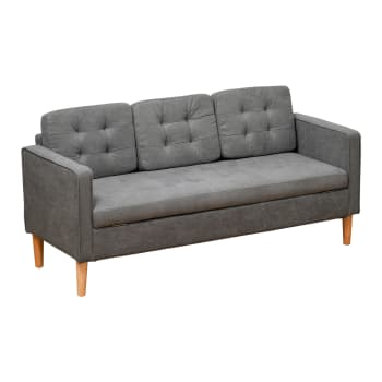 HOMCOM - 3-Sitzer Sofa aus Gummiholz und Baumwoll, abnehmbar mit Kissen, Grau