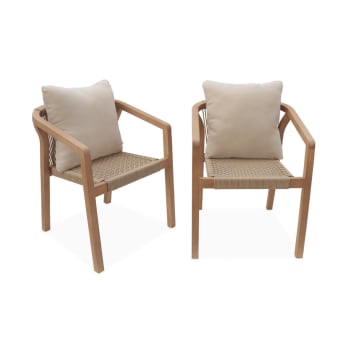 Calama - 2 chaises de jardin bois et corde avec coussin