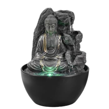REVATA - Kleiner buddha brunnen aus beigem kunstharz mit led beleuchtung H18cm
