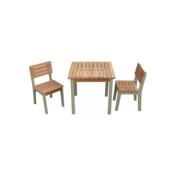 Caroline - Holztisch + 2 Stühle für Kinder für drinnen / draußen, Graugrün