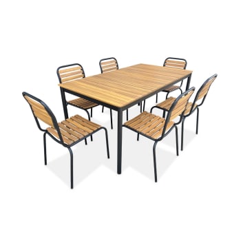 Tabara - Set complet noir table + 6 chaises acier et bois d'acacia lsweeek