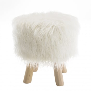 Charles - Tabouret rond 40x40cm peau de mouton couleur ivoire pieds bois