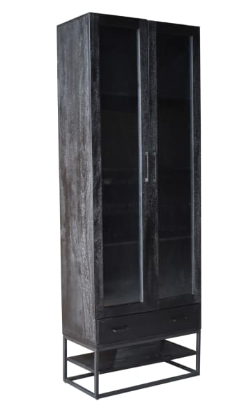 Myron - Vitrinenschrank aus Mangoholz 180x40x220cm, schwarz