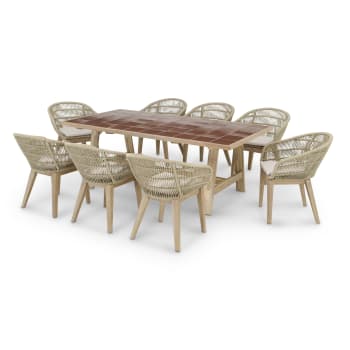 SICILIA & JAVA LIGHT - Set table jardin en céramique terracotta 200x100 et 8 chaises en bois