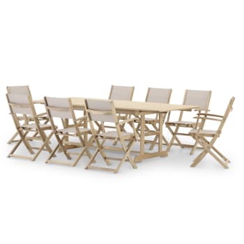 Java light - Conjunto mesa ext 180/240x100 + 8 sillas madera y textileno beige