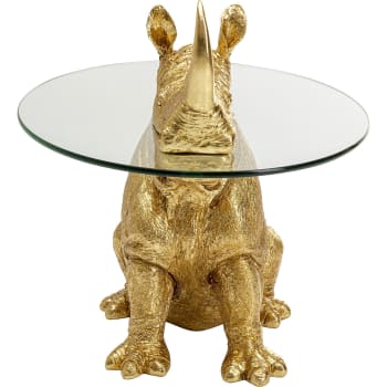 Table d'appoint rhinocéros en polyrésine doré et verre