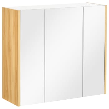 Armoire miroir salle de bain 3 portes 4 étagères bois clair blanc