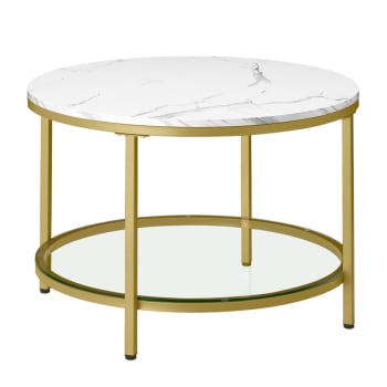 Table basse support en verre trempé blanc marbré et doré clair