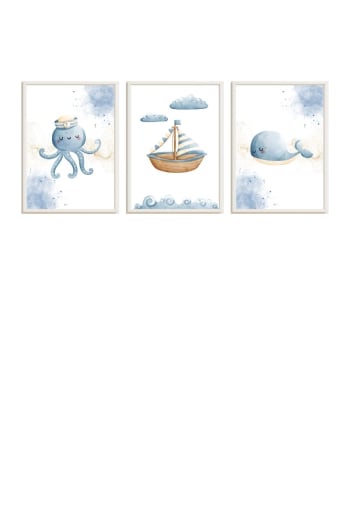 DECOWOOD - Pack cuadros infantiles pulpo, barco y ballena multicolor 43x33