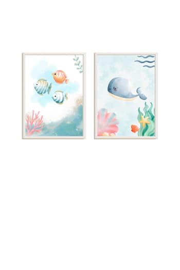DECOWOOD - Cadres pour enfants poisson et baleine multicolores 43x33