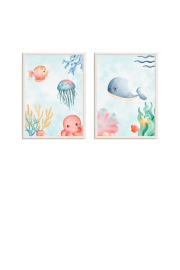 DECOWOOD - Pack cuadros infantiles estampado océano y ballena multicolor 43x33