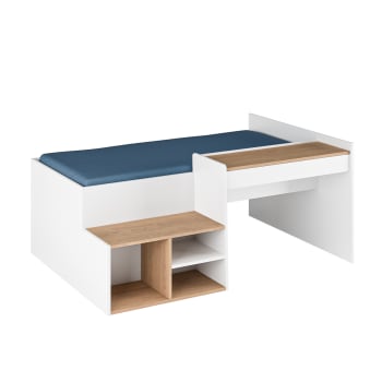 Boruto - Pack Lit combiné avec bureau et matelas blanc et bois 90x190 cm