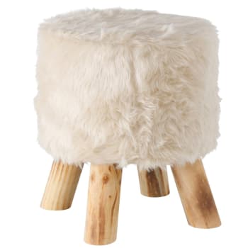 Tabouret bois et imitation fourrure blanche