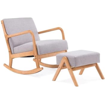 Holmes - Rocking Chair + pouf scandinave en bois et tissu gris