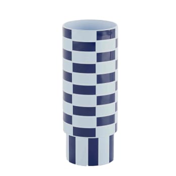 Sofia - Vase céramique tube à damier bleu 31cmx12,5cm