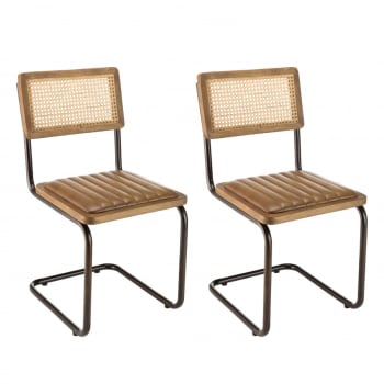 Marcel - Lot de 2 chaises manguier assise matelassée cuir pieds rétro