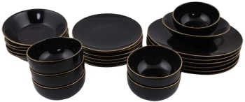 Service - Service de table en céramique noir liseré doré dinner 24 pièces