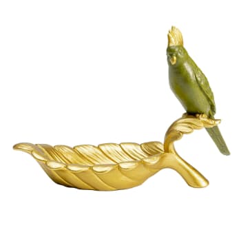 Coupe perroquet vert et feuille dorée en polyrésine