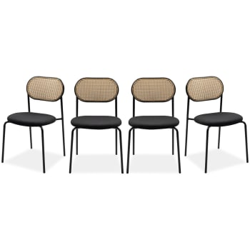 Loyd - Lot de 4 chaises en tissu noir et cannage