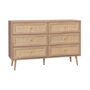 Boheme - Commode effet bois et cannage 6 tiroirs, naturel