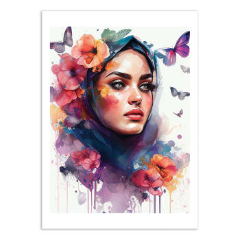 Affiche 50x70 cm - Watercolor floral arabian woman V2 - Chromatic fus