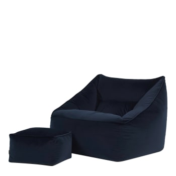 Natalia - Pouf fauteuil avec repose-pied carré velours bleu minuit