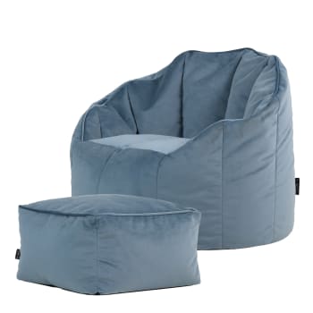 Sirena - Pouf fauteuil avec repose-pied velours bleu minéral