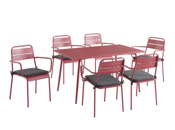 Pantone - Ensemble table 140 cm et 6 chaises de jardin rouge indien
