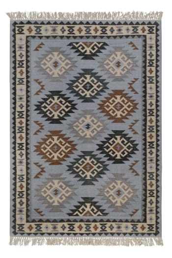 Blancard - Tapis kilim pure laine tissé main ethnique chic à franges 140x200