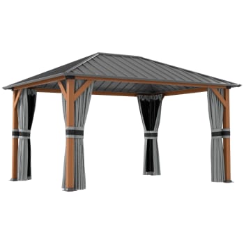 Pavillon de jardin alu aspect bois toit métal rideaux moustiquaires