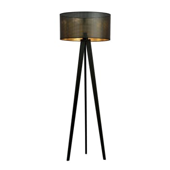 Martin - Lámpara de pie trípode de madera con pantalla negro y dorado